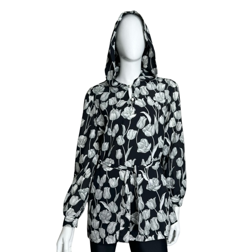 Alex Colman Sports Wear Vintage Floral Print Hood Long Sleeve Black White Tunic - Picture 5 of 13